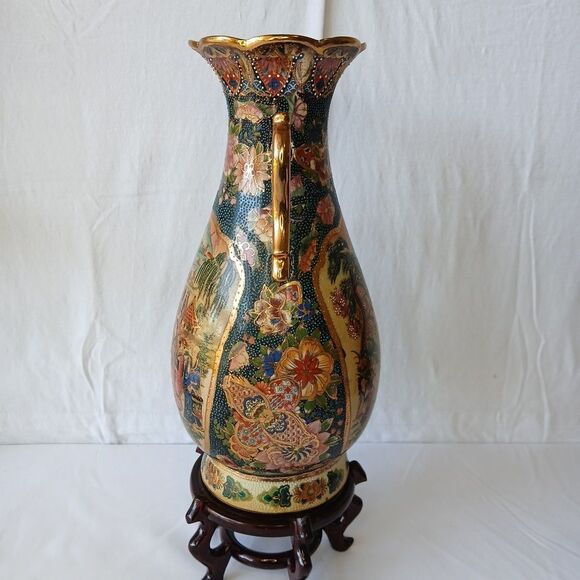 Satsuma Style Large Asian Morriage Porcelain Gold Handle W/ Stand 18" - Picture 5 of 13